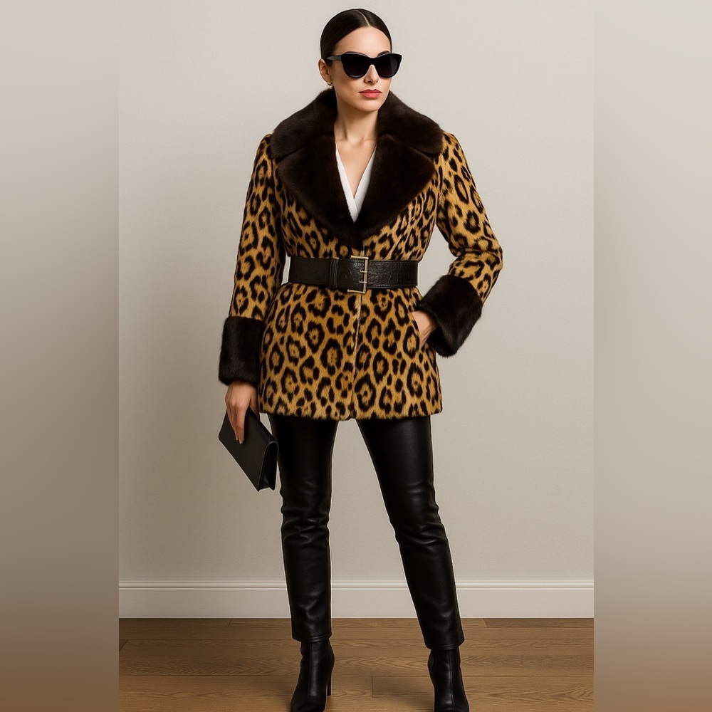 Valentino Runway Vintage Leopard Print Mink Fur Coat with Genuine Alligator Belt